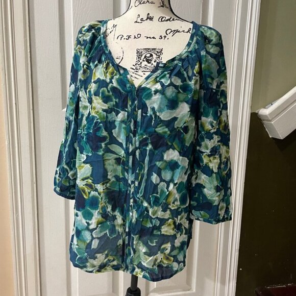 New water floral boho puff sleeves aqua Rayon blouse St. John’s Bay - Picture 10 of 14